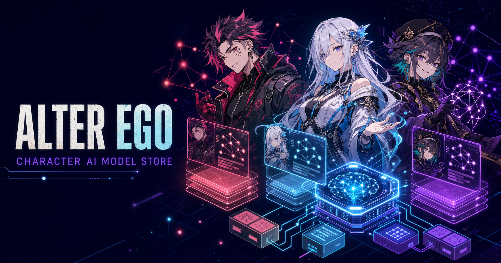 キャラクター専用AIモデルとニューラルネットワークを表現するアニメ調ビジュアル